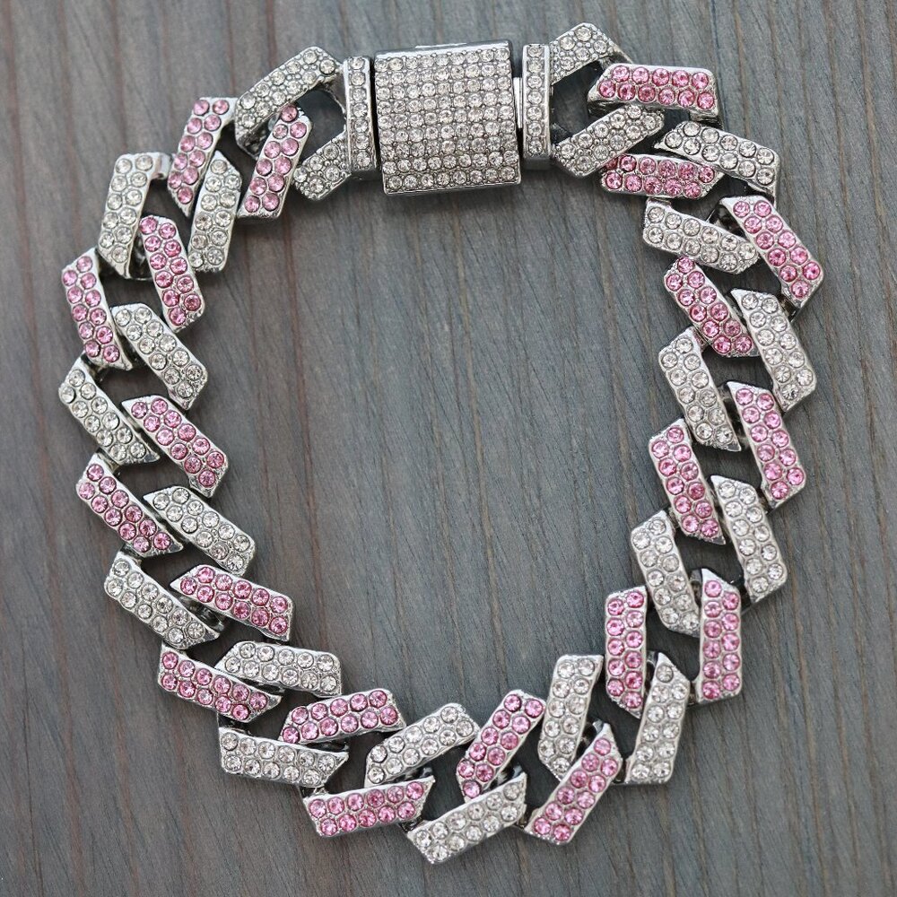 15mm Miami Cuban Ice Point Curb Diamond Chain Pink/Clear/Silver Plated